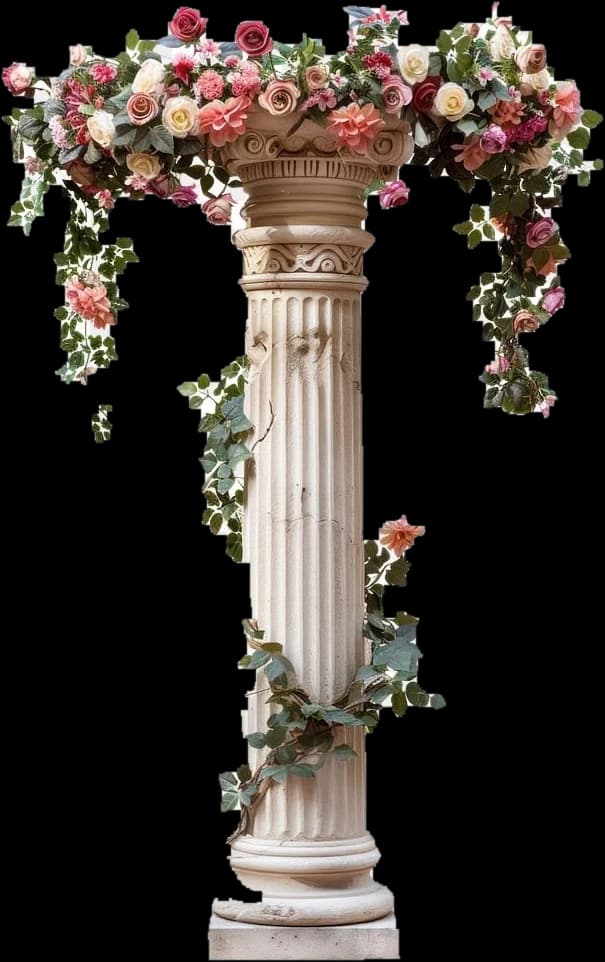 A fluted classical column garlanded with roses and ivy.