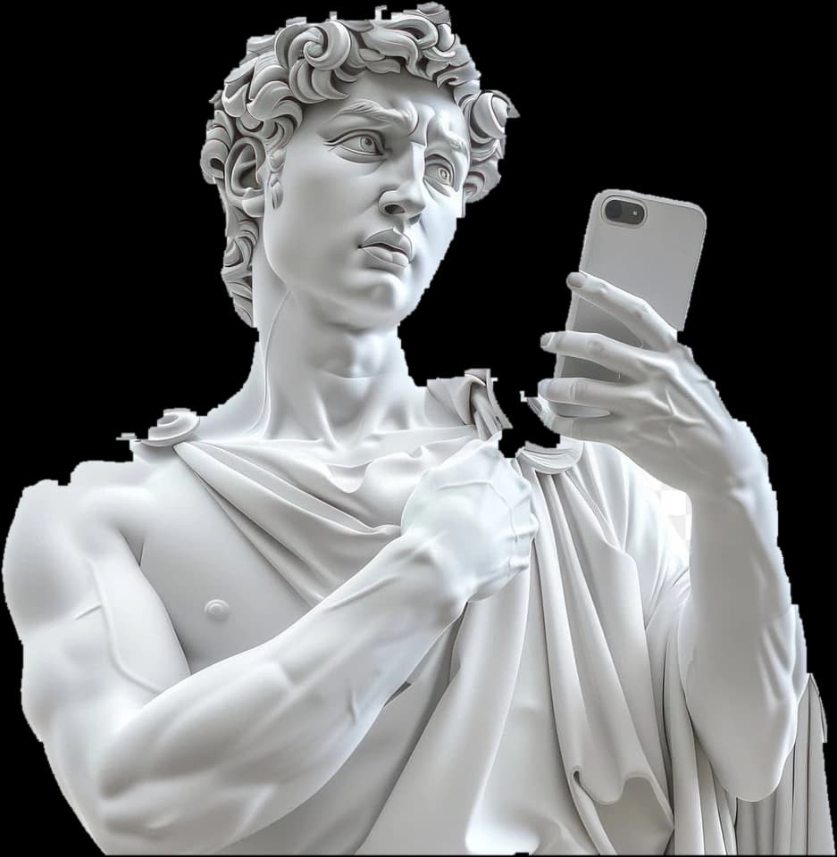 A marble figure holding a phone at arm's length.